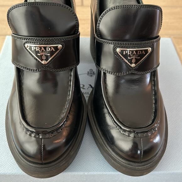 Prada Chocolate Brushed Black Leather Heeled Loafers Size: 40 - Picture 7 of 14